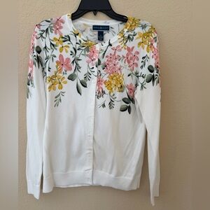 Karen Scott White Floral Crewneck Cardigan Sweater